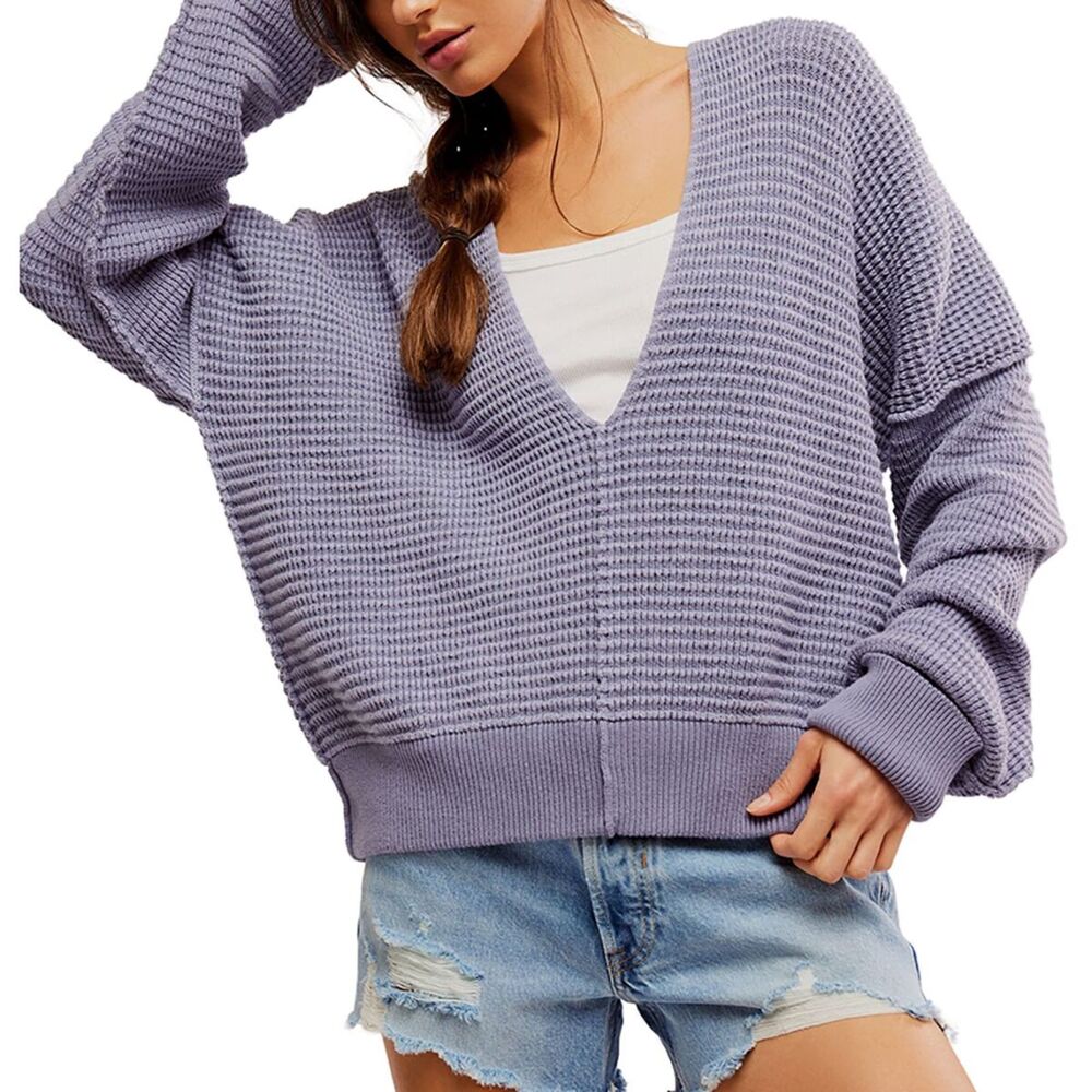 Free People We The Free Into You Pullover Sweater V Neck Periwinkle SZ Med Boho